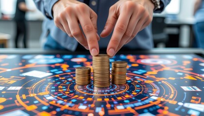 Naklejka premium Hands Arranging Gold Coins On A Futuristic Display