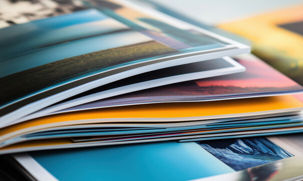 Colorful stack of printed photo books showcasing vibrant landscapes, artistic photography, and diverse imagery.
