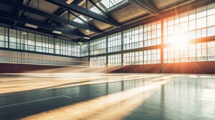 Volleyball court interior with sunlit windows bright and spacious sports hall for training and matches featuring court markings and net 