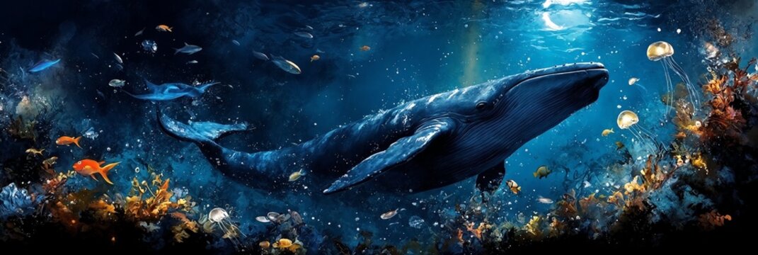 Una ballena azul nada en un oc&eacute;ano profundo y oscuro, rodeada de peces y vida marina bioluminiscente.