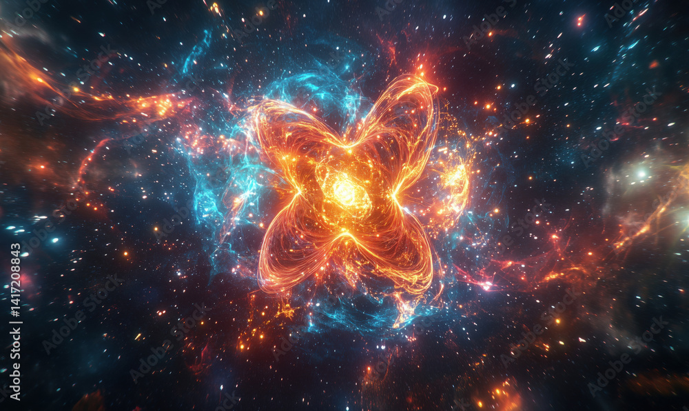 Poster cosmic explosion of vibrant colors in space, swirling nebulae and luminous stars creating a mesmeriz