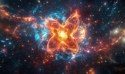 Cosmic explosion of vibrant colors in space, swirling nebulae and luminous stars creating a mesmerizing celestial pattern.