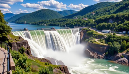 Fototapeta premium Waterfall Cascading Over Dam In Green Hills