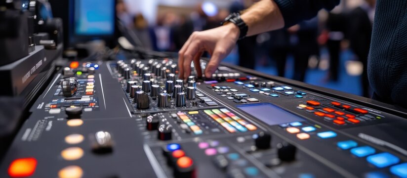 Audio engineer adjusting sound mixer at trade show