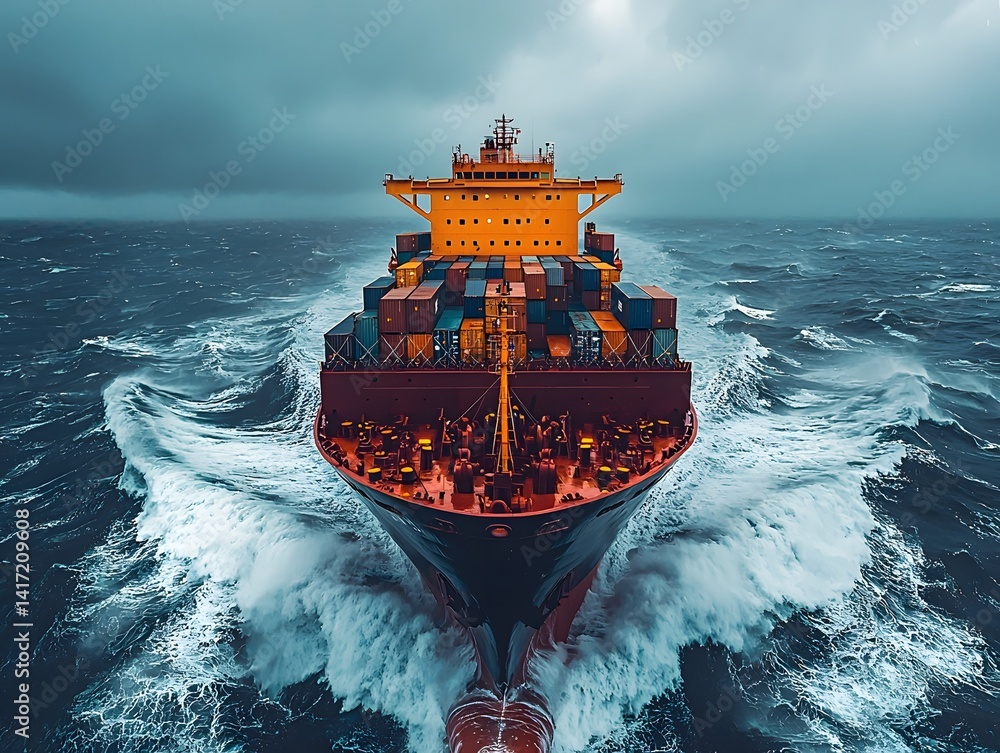 Poster container ship navigating rough seas highlighting the resilience and adaptability of global supply c