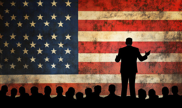 Public Speaker Silhouette Addressing Audience Against American Flag Background, Symbolizing Patriotism and Democracy.