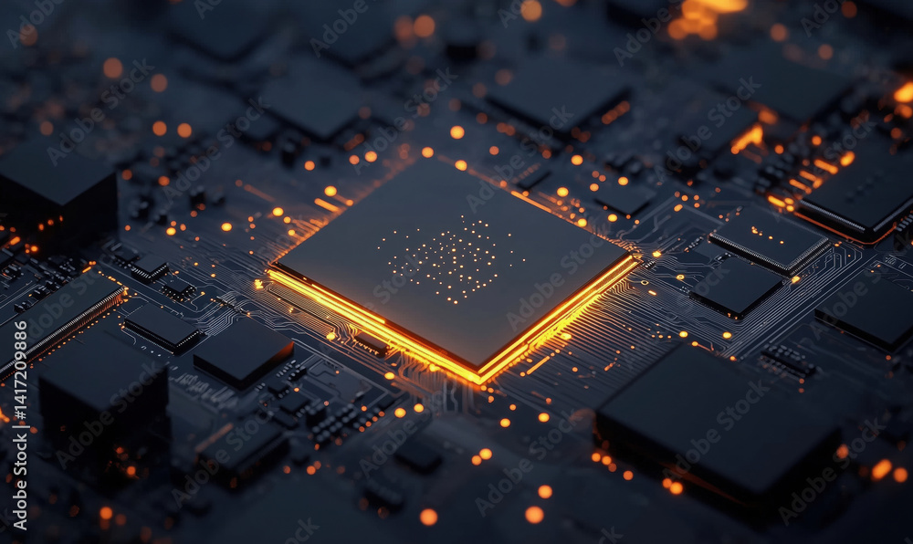 Poster high-tech microprocessor with glowing circuitry and intricate design, showcasing advanced technology