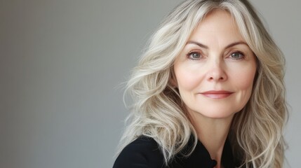 Fototapeta premium Smiling sophisticated 50s middle aged blond business woman looking at camera. Happy mature elegant old lady professional businesswoman posing at home office. Headshot close up portrait