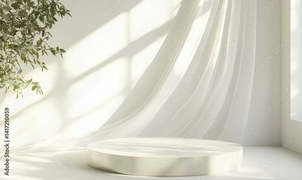 Poster minimalist white display platform with soft drapery and natural light, creating serene atmosphere fo