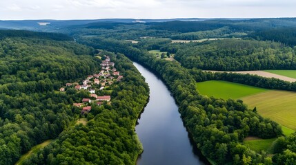 Aerial River Valley Village Landscape - Aerial Photography