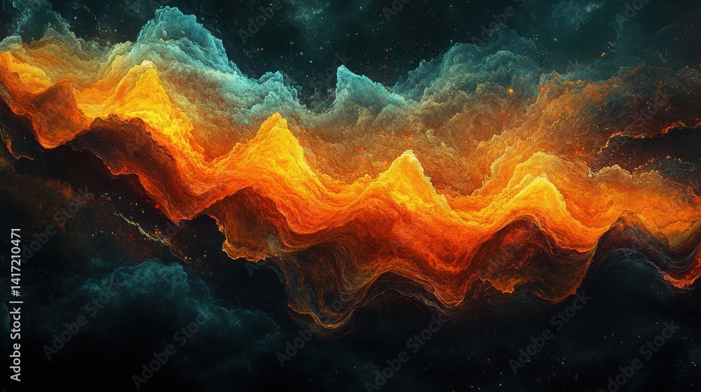 Poster luminous orange and teal waves of light and particles flow across a dark background, creating a dyna