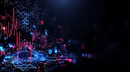 Visualización de datos abstracta con líneas brillantes, hexágonos y puntos rojos y azules sobre un fondo oscuro.
