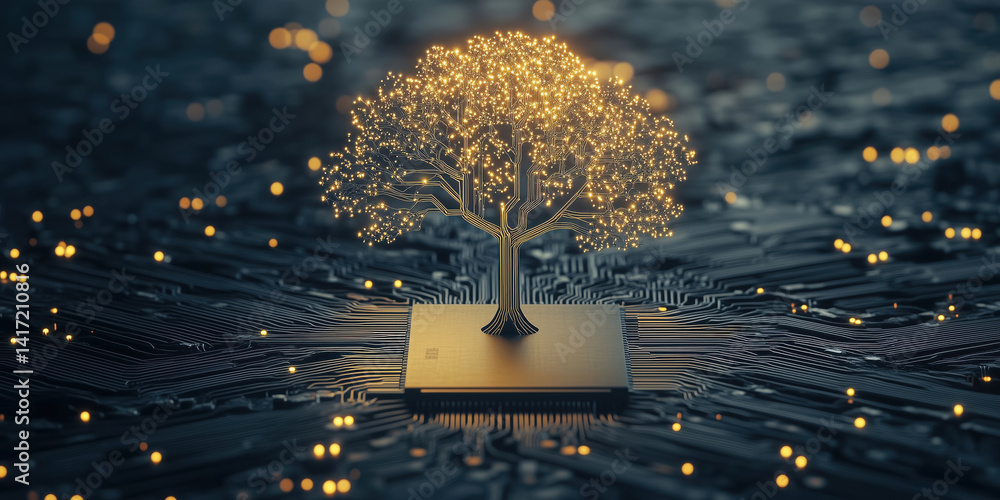 Poster tree of life emerging from microchip symbolizing technology and nature fusion, illuminated with glow