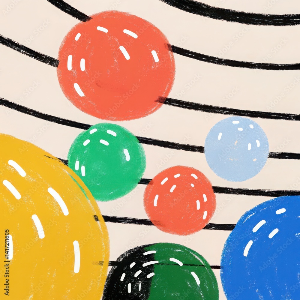 Poster colorful abstract spheres interconnected with lines for a modern and vibrant design element on clean