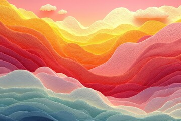 Fototapeta premium Colorful layers form hilly landscapes under a dreamy sky with clouds
