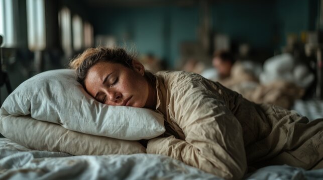 A soldier peacefully sleeping on a pillow in a barrack setting, showcasing vulnerability and the heavy toll of military life amidst a backdrop of other resting soldiers.