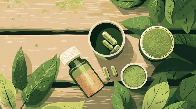 Kratom Products on Wooden Table: A top-down shot showcases the natural kratom leaves, finely ground powder, capsule, and soothing beverage set on a rustic wooden table. illustration