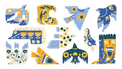 Ethnic folk birds with floral patterns flowers