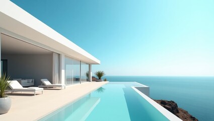 Fototapeta premium Breathtaking modern house overlooking the ocean with a surreal and vibrant cinematic view of nature's beauty