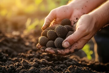 Man holding black truffles just harvested from the soil in the palm of his hands. Use this image to represent food, luxury, or gourmet cuisine and culinary arts.
