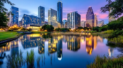 Naklejka premium Austin Skyline Reflection, Twilight Cityscape - Cityscapes at dusk/.