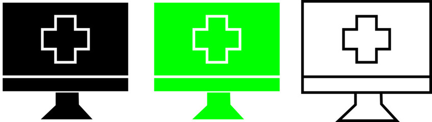 Computer Monitor Icon Displaying Medical Cross for Digital Health Services – Transparent Background.