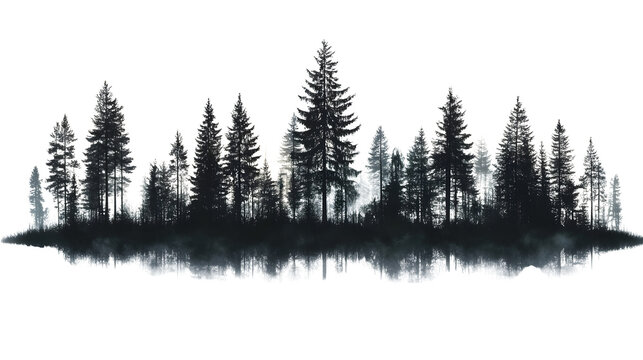 forest treeline silhouette isolated on white background, high-definition, realistic look