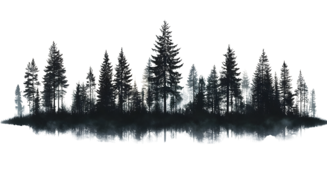 forest treeline silhouette isolated on white background, high-definition, realistic look