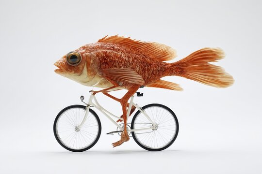 Un pez naranja montado en una bicicleta blanca, con una expresi&oacute;n sorprendida en su rostro.