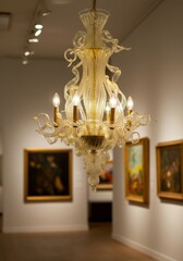 Elegant glass chandelier illuminating art gallery with framed paintings