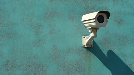 Exterior security camera mounted on a teal wall.