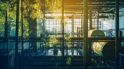 Sustainable future: wastewater treatment facility with bamboo silhouettes showcasing green industrial technology for environmental solutions and ecological harmony promoting sustainability