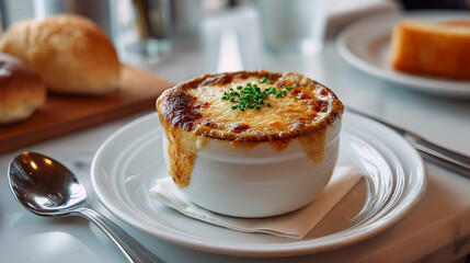 Delicious french onion soup recipe with melted cheese and bread rolls restaurant style gourmet dish