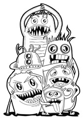 Hand-drawn illustrations, monsters doodle, Hand Drawn cartoon monster illustration,Cartoon crowd doodle hand-drawn Doodle style.black and white stripes coloring  book.