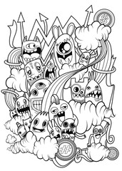 Hand-drawn illustrations, monsters doodle, Hand Drawn cartoon monster illustration,Cartoon crowd doodle hand-drawn Doodle style.black and white stripes coloring  book.