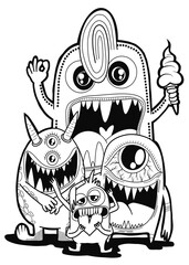 Hand-drawn illustrations, monsters doodle, Hand Drawn cartoon monster illustration,Cartoon crowd doodle hand-drawn Doodle style.black and white stripes coloring  book.