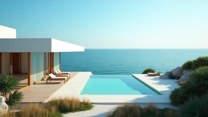 Fototapeta premium Elegant house with a refreshing pool surrounded by lush greenery and scenic views ideal for luxurious relaxation