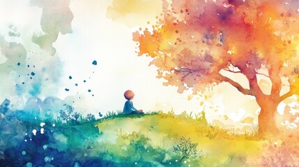 Colorful child sits under autumn tree