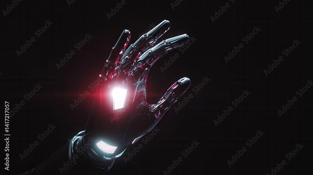Poster artificial intelligence, future technology and business concept - robot and human hand with flash li