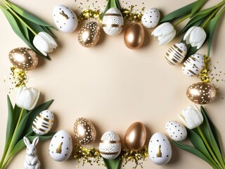 Easter holiday background with white and golden easter eggs and tulip flowers 1