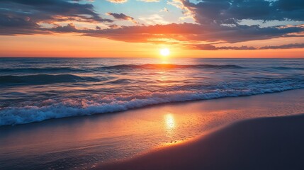 Fototapeta premium Stunning Ocean Sunset Beach Scene Waves Sand Sky