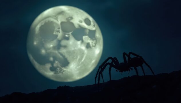 Dark silhouette of a spider against a bright full moon background, arachnid, outdoor