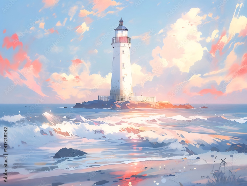 Aufkleber 白い灯台と穏やかな海と夕焼けの空の風景 色鮮やかなピンクとオレンジの雲と水面の反射