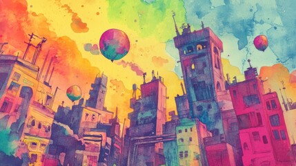 Colorful, fantastical cityscape with vibrant buildings and floating balloons