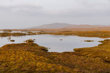 Golden sunset over calm lakes and clear water reflections in The Trossachs and Loch Lomond. Long winding roads cross green hills and mountains in a peaceful, awe-inspiring natural landscape. Exploring
