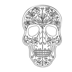 Floral Embellished Skull Line Art Illustration