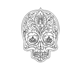 Floral Adorned Skull Design in Outline Style