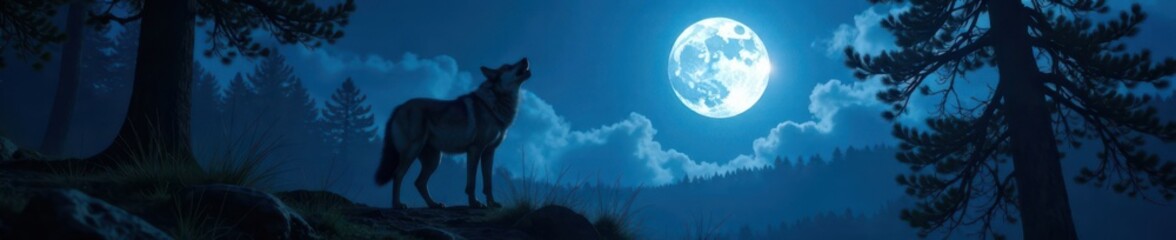 Fototapeta premium A lone wolf howls under a full moon in the forest at night, nocturnal, natural world