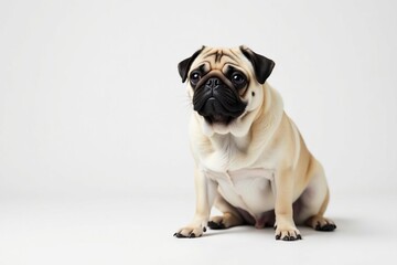 Obraz premium A lone pug, posed, against pure white backdrop, happy, fawn