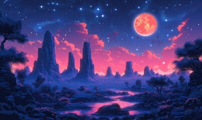 Naklejka premium Beautiful night landscape with mountains and full moon glow